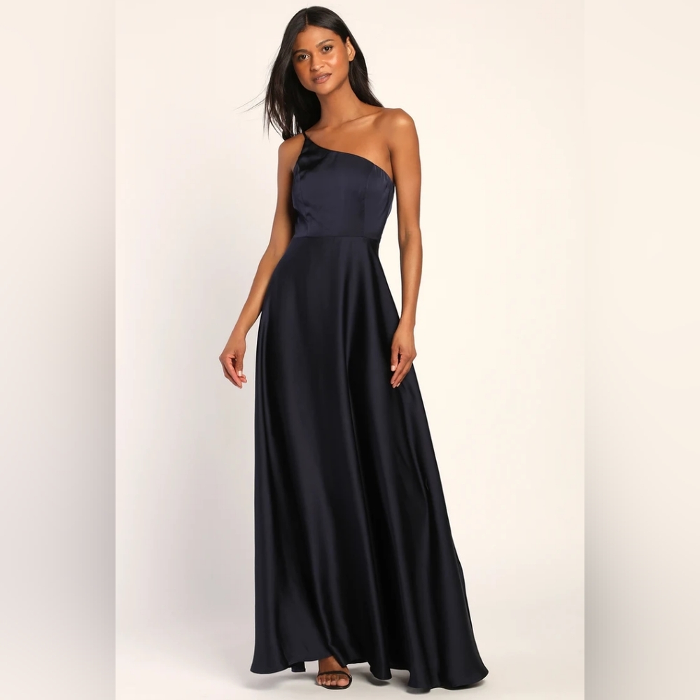 Lulu’s Satin Navy One-Shoulder Maxi Dress NWT XL